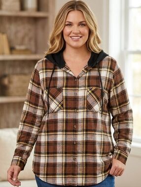 No Boundaries Plaid Button Down Hoodie shirt Brown Size XXXL (21)